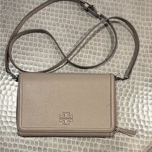 Tory Burch Taupe Pebbled Leather Crossbody Wallet